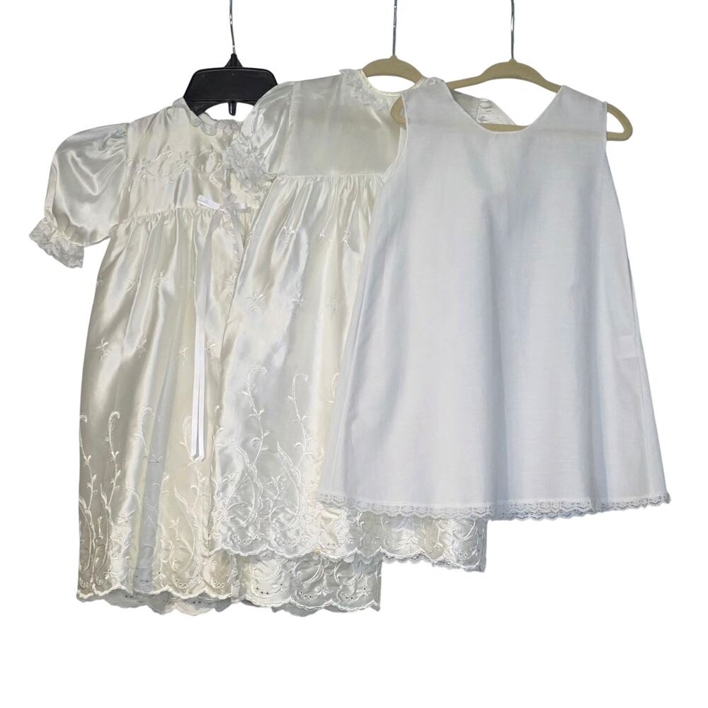 BABY BAPTISM 3 PC IVORY CREAM ROBE, DRESS, & SLIP SIZE 6-12‎ months